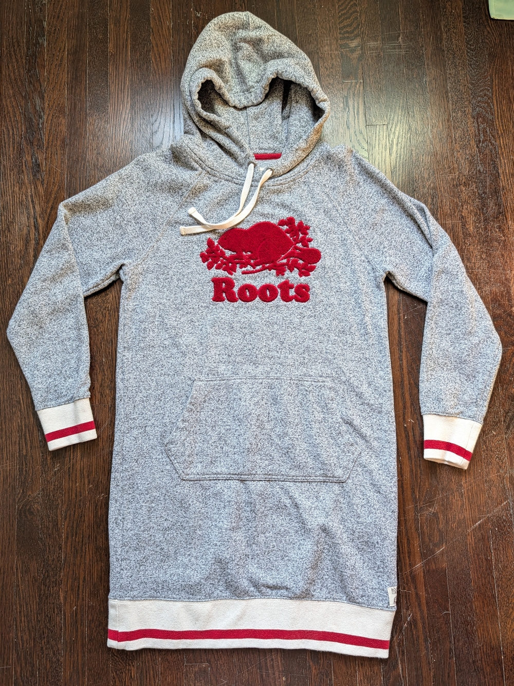 Roots Cabin Collection Fleece Hoodie Dress Grey Red Size Small